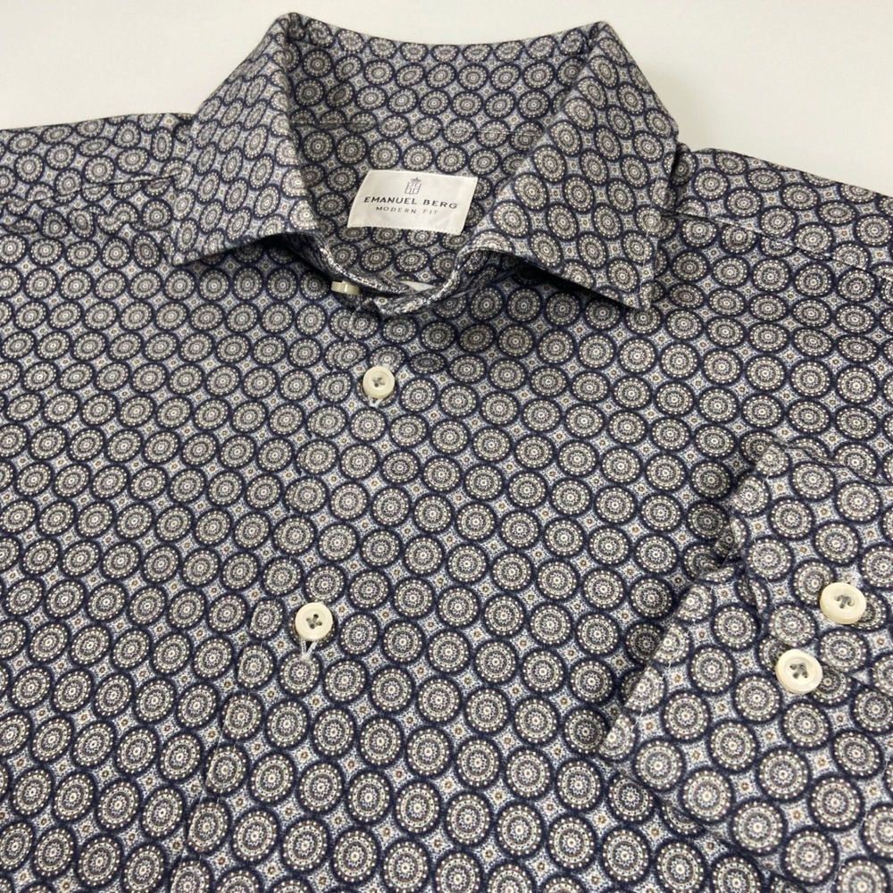 Emanuel Berg Mens M 15.75 Blue Gray Geometric Modern Fit Dress‎ Shirt Oxford